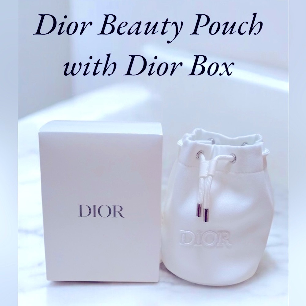 DIOR White Canvas Bucket Pouch Beauty Embroidered DIOR Logo & Box!